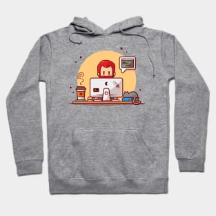 Man Working On Computer With Cat Cartoon Vector Icon Illustration Hoodie